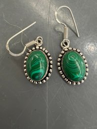 Oval Malachite Drop Earrings Set In 925 Silver