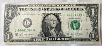 2021 Unique Number ' L 66661384' One Dollar Bill