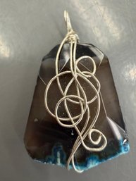 Blue Agate Stone Pendant Wrapped In Sterling Silver