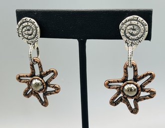 Silver Tone And Copper Hammered Dangle Earrings