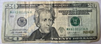 2013 Twenty Dollar Bill With Unique Number 'MH 61001234 B'