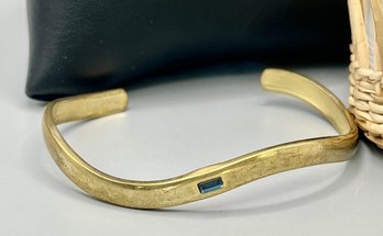 Vintage Brass Cuff Bracelet W/small Blue Stone