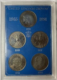 UK Cased Crowns 5-coin Set Churchill 1965, SW 1972, SJ 1977, QM 1980, C&D 1981