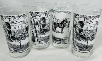 Vintage Ice Cart & Horse Sketch Glasses By Vivian, Set Of 4