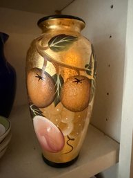Vintage Italian-style Hand-painted Vase Featuring A Gold Gilded Finish And A Fruit Motif And Black Trim