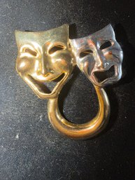Vintage Theatrical Mask Brooch Feature A Gold-tone Happy Face And A Silver-ton Sad Face