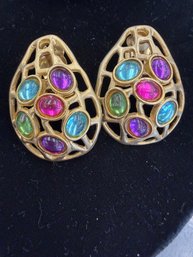 Vintage Edouard Rambaud Clip-on Earrings Featuring A Gold-tone Openwork Design With Colored Stones