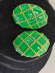 Green And Gold Faberge Style Enamel Egg Pierced Earrings