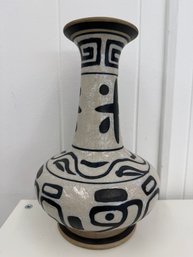 Vintage Mid Century Pottery Vase Featuring A White Base With Black And Blue Abstract And Greco-roman