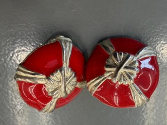 Vintage Red Enamel And Gold-tone Clip-on Earrings