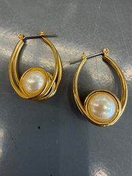 Gold-tone Hoop Earrings With A Nested Spiral Design Featuring A Central Faux Pearl
