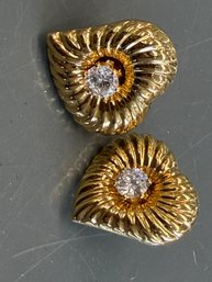 Vintage Avon Hear-shaped Earrings Featuring Textured Gold Tone Metal And Convertible Jackets With CZ Studs