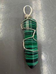 Wire Wrapped Malachite Paint Pendant Featuring Dark Green And Black Striped Banding
