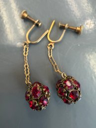 Vintage Red Rhinestone Ball Dangle Screw Back Earrings
