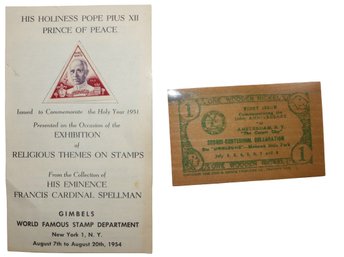 1954 Commemorative Program/Flyer For Exhibition Of Religious World Famous Stamps & One 1954 Wooden Nickel