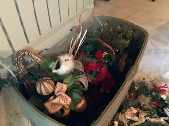 Rubbermaid Plastic Storage Chest Filled With Various Christmas Autumn Wreaths Mystery Decorations