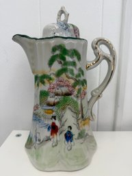Antique Japanese Nippon Porcelain Chocolate Pot Featuring Hand-painted Scenic Artwork Depicting A Landscape
