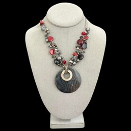 (A207) Large Red, Gray And Silver Tone Statement Necklace With Round Pendant Accent