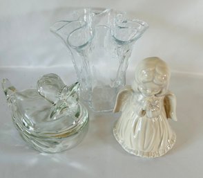 Lot Of 3 - Including Clear Glass Lidded Duck, Angel And Small Fluted Vase