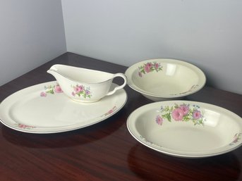 Hall USA Pottery Pastel Morning Glory Buffet Serving Pieces, 4 Piece Lot, Meat Platter & Boat, Vegetable Bowls