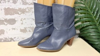 Pair Of Grey Blue Leather Ankle Boots W/ Stacked Heel - Size 7