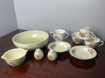 Hall USA Pottery Pastel Morning Glory, 10 Pc Lot, Large Bowl, Egg Salt & Pepper, Sugar Bowl, Tea Cups