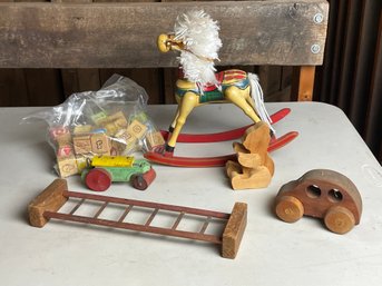 Vintage Toy Lot, Wooden Roller, Blocks, Horse, Car