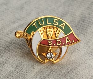 Vintage Masonic Templar Illuminati Scimitar Tie Tack / Pin - Gold Plate Cloisonne W/ Diamond Stone - Tulsa OK