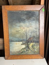 Antique Oil On Board, Cabin On Lake, Period Frame, Circa 1910 - 1920