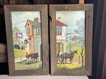 Vintage Paint By Number Original Wall Art, Pair, Horses European-Style Scene, Mid Century