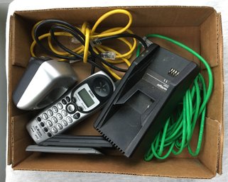 Box Lot Of Uniden Phone Equipment - Phone, Charger, Long Cables, Extra Batteries Etc