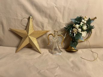 3 Christmas Ornaments With Gold Accents Angel, Horn, Star