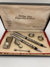 Vintage Sterling Filigree Pen & Pencil Set W/ Accessories  1940s50s Boxed