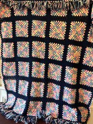 Handmade Crocheted Granny Square Afghan Blanket Navy & Pink