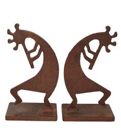 Pair Of Kokopelli Iron Sculpted Bookends - Signed By Artist