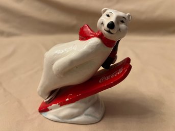 Vintage Enesco Ceramic Coca Cola Polar Bear On Snowboard Figurine