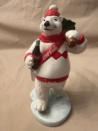 Vintage Enesco Ceramic Coca Cola Polar Bear Carrying Christmas Tree Figurine