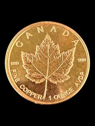 One AVDP Ounce .999 Fine Copper Round Maple Leaf