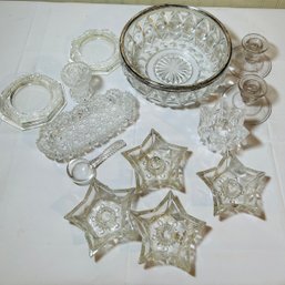 Clear Glass Lot - Bowl, Spoon, Candlestick Holders And More