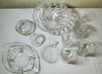 Lot Of Clear Glass - 2 Bowls, Glasses, Covered Jars And More