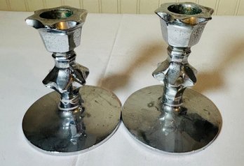 Pair Of Silver Tone Candlesticks, Heavy