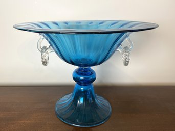 Exquisite Footed Blue Art Glass Bowl Possibly Steuben, Possibly Murano