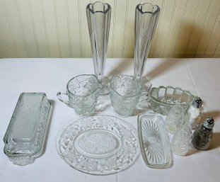 Clear Glass Lot Including 2 Etched Vases, Butter Dish, S&P And More