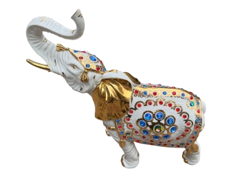 Decorative White Elephant Figurine With Gold Plating And Colorful Gemstone Or Enamel Inlays