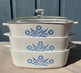 Set Of 3 Vintage Cornflower CorningWare Square Casserole With 1 Lid