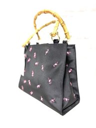 New W. Tags - Tianni Black Tote Handbag W/ Embroidered Pink Flamingos & Bent Bamboo Handles