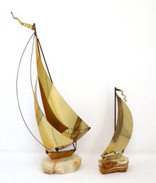 Demott Brass Sailboat Sculptures On Stone Bases - Artist Signed