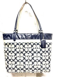 Authentic Coach Canvas Monogram City Tote W/ Navy Blue & Tan Patent Accents