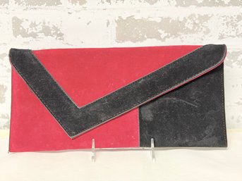 Chic Abstract Color Block Red & Black Vegan Suede Clutch W/ Shoulder Strap - New W/ Tags