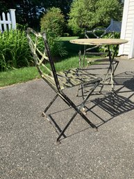 Vintage Metal 3 Piece Bistro Folding Set 2 Chairs And Table Displayed Outside